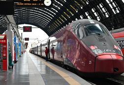 Modern high-speed train at Milano Centrale Railway Station in Italy