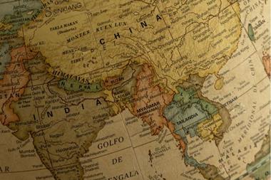 Vintage map view highlighting China, Mongolia, India, and surrounding regions
