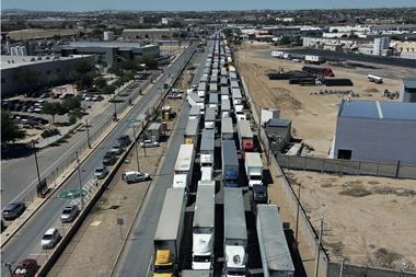 Trucks lining up in Cuidad Juárez waiting to cross from Mexico into the US