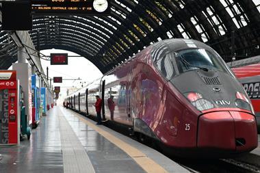 Modern high-speed train at Milano Centrale Railway Station in Italy
