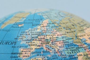 A close-up view of a globe detailing Europe, North Africa and the Middle East