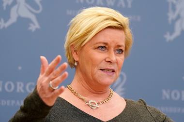 norway’s finance minister, siv jensen, speaks at a press conference in oslo earlier this year