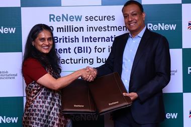 Sumant Sinha, Founder, Chairman & CEO of ReNew, and Shilpa Kumar, MD and Head of India at British International Investment (BII), formalize a landmark $100 million investment ag