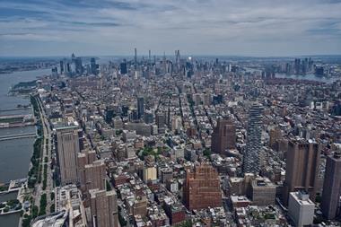 Aerial view of the Manhattan skyline with the Hudson River, NYC