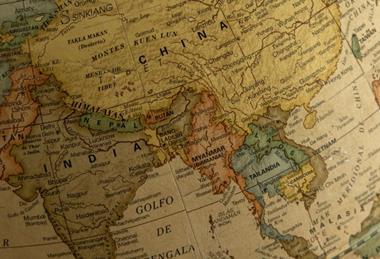 Vintage map view highlighting China, Mongolia, India, and surrounding regions