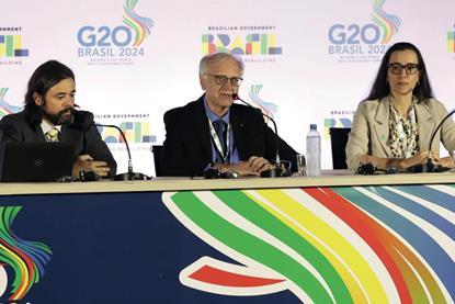 Paulo Picchetti (centre) of the Central Bank of Brazil at a G20 press conference in Sao Paulo