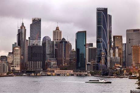 Cityscape of Sydney featuring iconic skyscrapers including Salesforce Tower by the waterfront