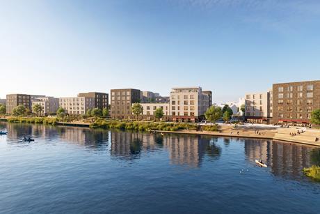View from water of Greystar's development at Waterbeach, Cambridgeshire (credit architects AFK Studios)