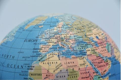 A close-up view of a globe detailing Europe, North Africa and the Middle East