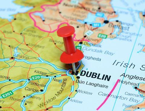 map pin pointing to dublin ireland on a road map a6ccj8