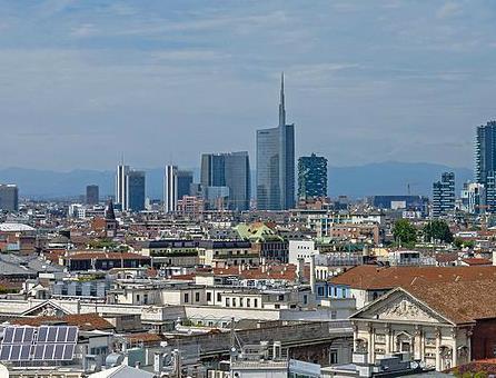 wide angle milan skyline from duomo roof