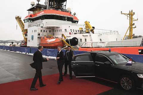 German Chancellor Friedrich Merz welcomes Dutch prime minister Dick Schoof to the Hamburg summit