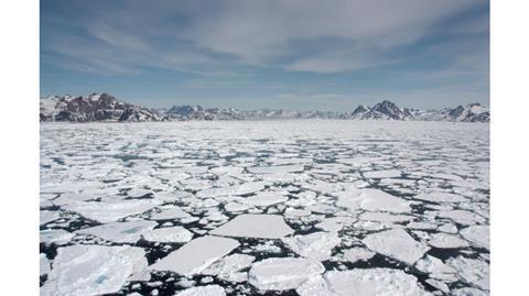 Sea ice breaking up in spring, near Kulusuk, Greenland.
