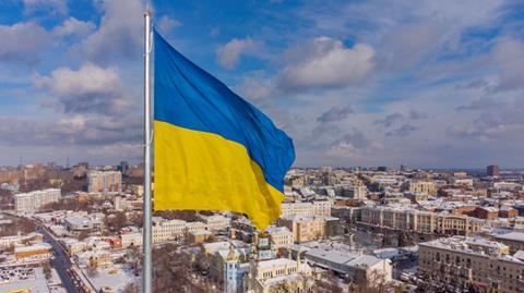 The Ukrainian flag flies above the city of Kharkov