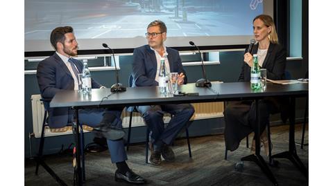 L-R: Diederik Schol (KKR), Marcus de Minckwitz (Savills) and moderator Isobel Lee (PropertyEU)